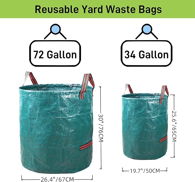 1x72Gallons+2x34Gallons (Free Gloves) Garden Leaf Bags,Reusable Heavy Duty Yard Waste Bag Set,Standable Design and Reinforced 4 Handles for Leaf,Grass,Debris,Camping Trash