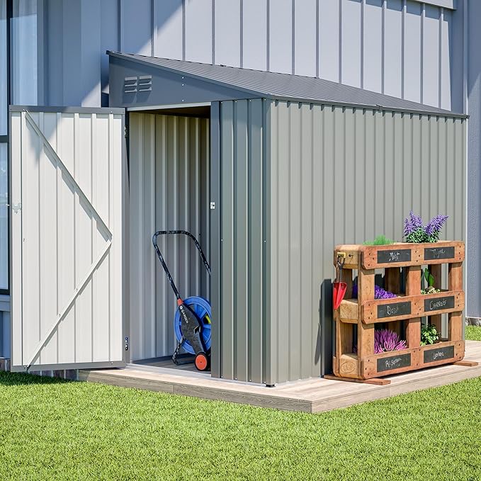 4×8 FT Outdoor Metal Storage Shed,Heavy-Duty Lean to Storage Shed with Lockable Door and Reinforced Beams,All Weather Waterproof Storage House W/2 Air Vents,for Backyard,Patio,Lawn,Gray