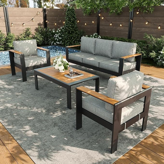 LayinSun 4 Piece Aluminum Outdoor Furniture Set with Coffee Table, Outside Patio Deep Seating Conversation Set with Upgraded Washable Thick Cushion