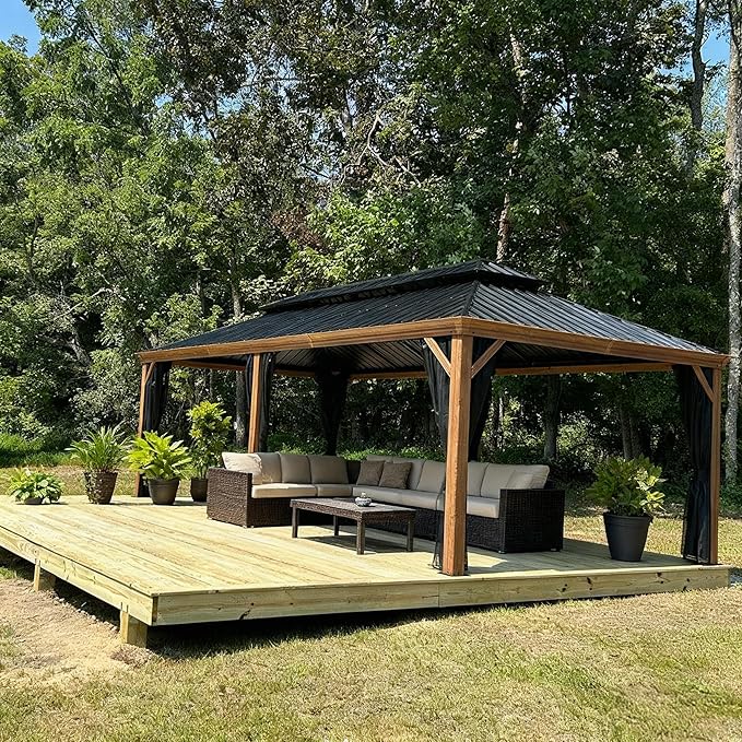 PURPLE LEAF 12' X 24' Outdoor Hardtop Gazebo for Patio Galvanized Steel Double Roof Permanent Canopy Teak Finish Coated Aluminum Frame Pavilion Gazebo with Netting