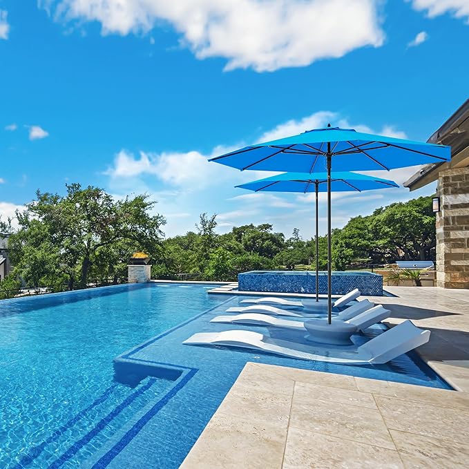 Midtown Umbrellas The Wooden 8 Feet Patio Umbrella With Terylast Cobalt (Blue) Polyester Fabric - Aluminum Frame Market Umbrella For Backyard, Deck, Garden, Pool - Wooden Pole
