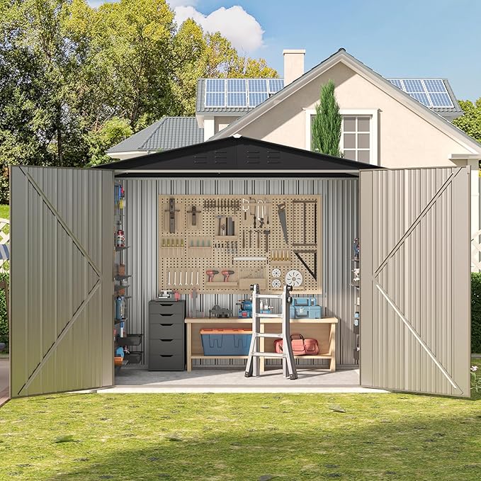 Outdoor Metal Shed,6×4 FT Metal Shed with Peaked Roof and Lockable Double Doors,Waterproof Outdoor Tool Storage Clearance for Backyard,Garden,Brown