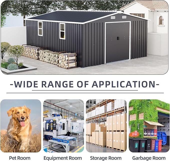 10×12 Ft Metal Shed Outdoor Storage with Two Daylight Windows, 0.25mm Galvanized Steel Metal Garden Shed Waterproof with Lockable Door for Backyard, Patio, Garden，Light Grey