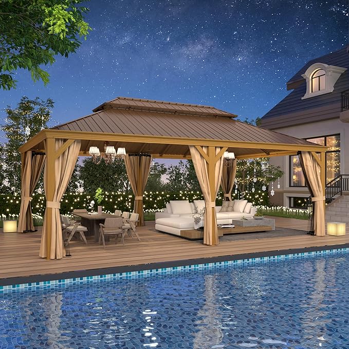 YOLENY 14'x24' Gazebo, Wooden Finish Coated Aluminum Frame Pergola with Double Galvanized Steel Hardtop Roof, Outdoor Permanent Metal Pavilion with Curtains and Nettings for Patio, Backyard and Deck