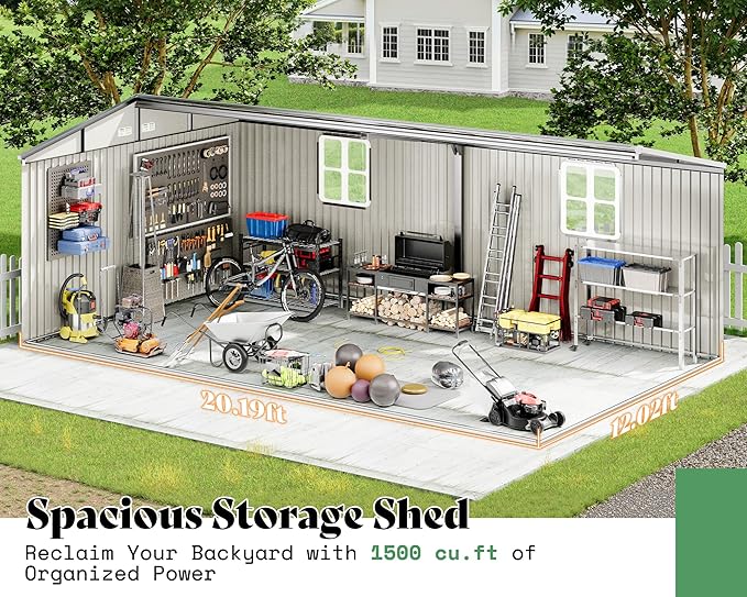AMERLIFE 12x20x7.2 FT Metal Storage Shed with 2 Transparent Panels, Outdoor Tool Shed with Hinged Double Doors, Windows & Vents, Reinforced Steel Frame for Backyard Garden, DIY Workshop, Dark Gray