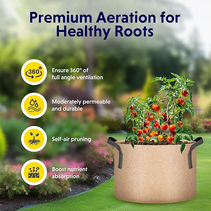 iPower 5-Pack 25 Gallon Plant Grow Bags Thickened Nonwoven Aeration Fabric Pots Heavy Duty Durable Container, Strap Handles for Garden, Tan New