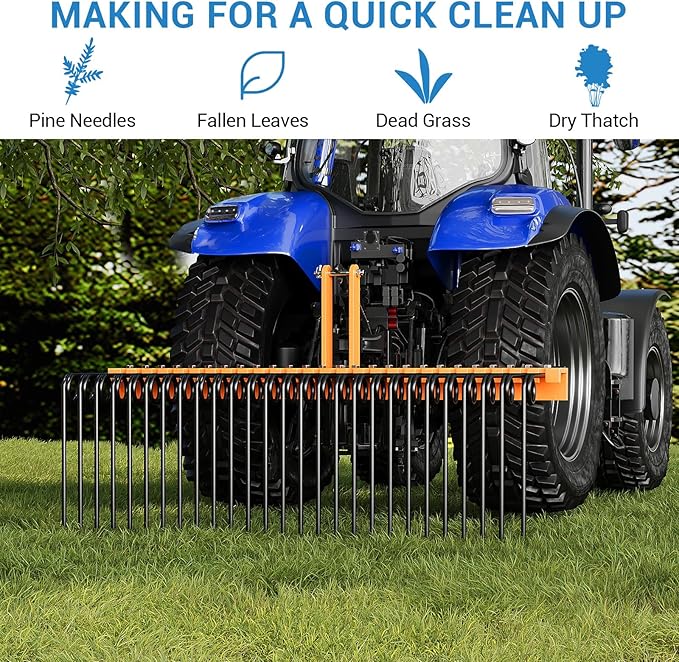 72" Durable Powder Coated, Steel Pine Grass Rake, Steel Spring Landscape Rake, Cat 0 Cat 1 Attaches to Tractor, 3-Point Hitch, Black + Orange