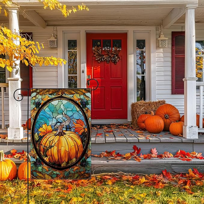 Garden Flags, Garden Flag, Stained Glass Style Pumpkin Maple Leaf Double-Sided Flags for Farmhouse Yard Outdoor Decoration-12 x 18inch (Pumpkin-3)