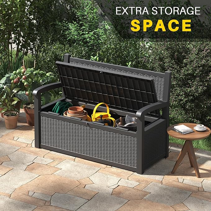 LHBcraft 70 Gallon Deck Bench with Storage,Outdoor Storage Box Bench Waterproof&Lockable, Resin Patio Furniture with Armrest for Patio, Porch, Garden,Black