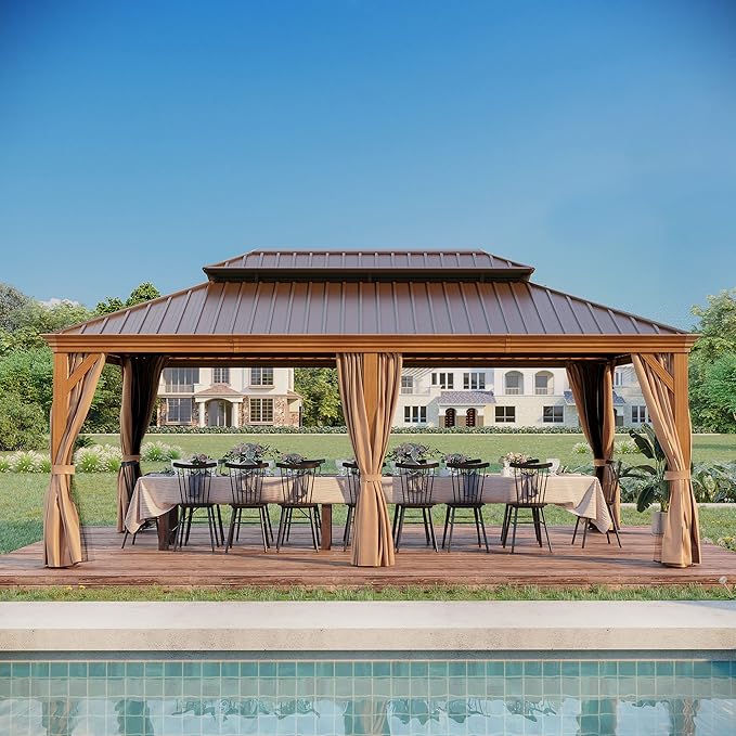 12'x20' Hardtop Gazebo, Outdoor Aluminum Patio Gazebo Double Roof Galvanized Steel Wooden Finish Coated Canopy with Netting and Curtains for Garden, Patio, Backyard, Deck and Lawns.