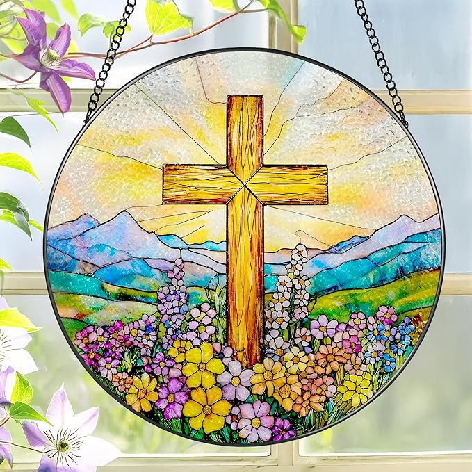 8 Inch Cross Wildflower Stained Glass Suncatcher, Christian Stained Glass Window Hanging, Religious Cross Sun Catcher, Easter Suncatcher Decor, Religious Gifts, Christian Gifts, Easter Gift