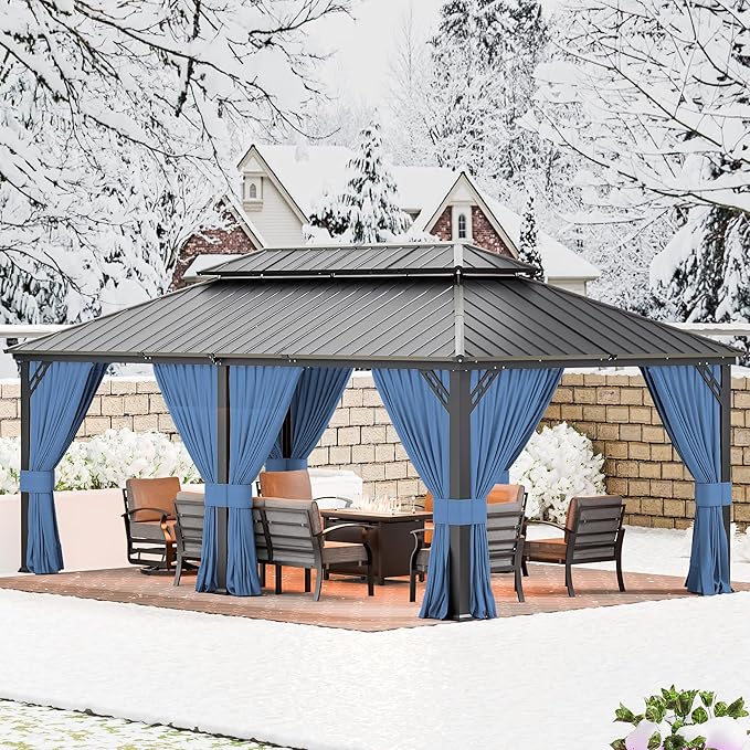 12’x20’ Hardtop Gazebo Outdoor Aluminum Frame Permanent Gazebo Galvanized Steel Double Roof Gazebos with Nettings and Curtains for Patio, Lawns,Backyard, Deck(Navy)