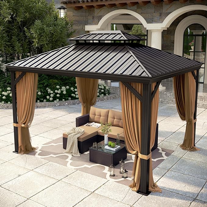 10 X 12ft Hardtop Gazebo with Nettings and Curtains, Heavy Duty Double Roof Galvanized Steel, Outdoor Aluminum Permanent Gazebos for Patios, Backyard, Deck, Garden, Lawns