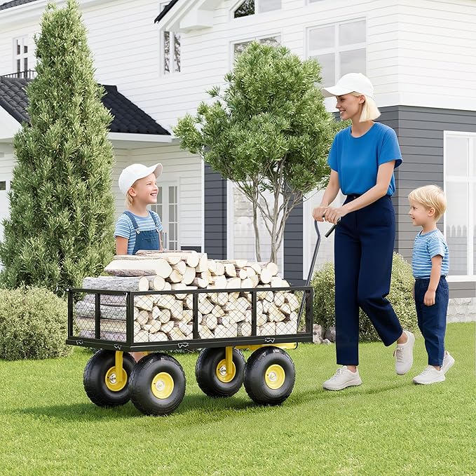 500 Lbs Garden Wagon, 2-in-1 Heavy-Duty Steel Garden Cart, with 10 Inch All-Terrain Tires and Removable Mesh Side Panels, 180° Rotating Handle, Metal Utility Yard Trailer, Outdoor Gardens Wagon Cart