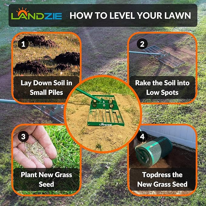 LANDZIE - The Original Lawn Leveling Rake – 36" Steel Handle Yard Leveler, Lawn Level Tool for Creating a Flat Surface - Works for Soil, Dirt, Topdressing, and Ground