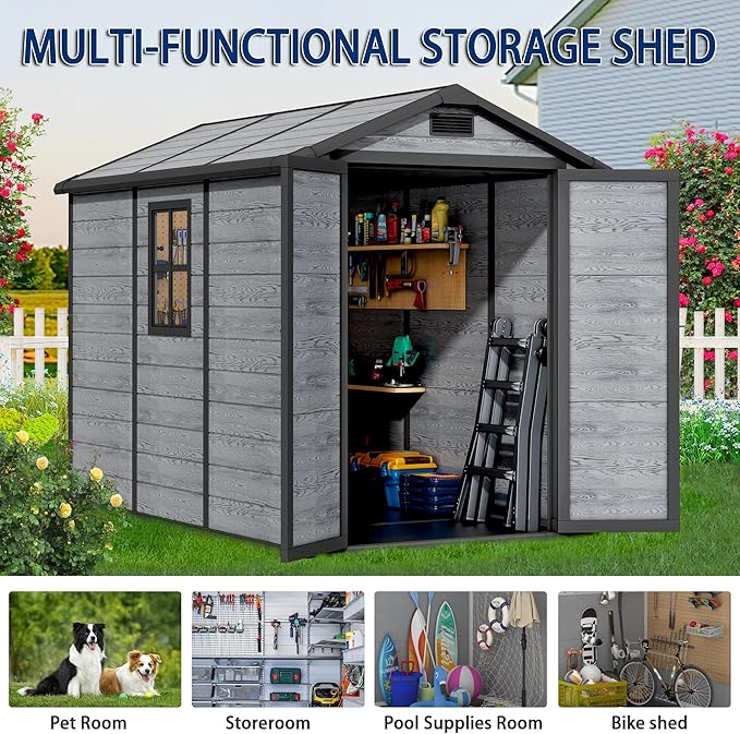 8.7x5.5 FT Resin Outdoor Storage Shed with Floor, Weather-Resistant Plastic Garden Shed with Windows, Lockable Door and Vents, Outside Tool Storage Sheds for Backyard, Garden, Lawn, Wood Grain