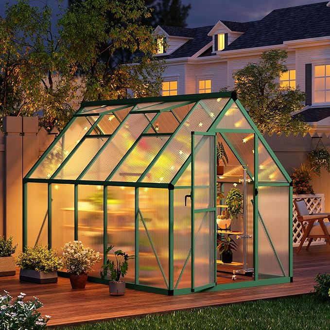 6x9 FT Outdoor Greenhouse, Polycarbonate Greenhouse with Roof Vent and Ground Nails, Aluminum Large Walk-in Green House w/ Lockable Push Door for Outside Garden Backyard (Green, 6x9 FT)