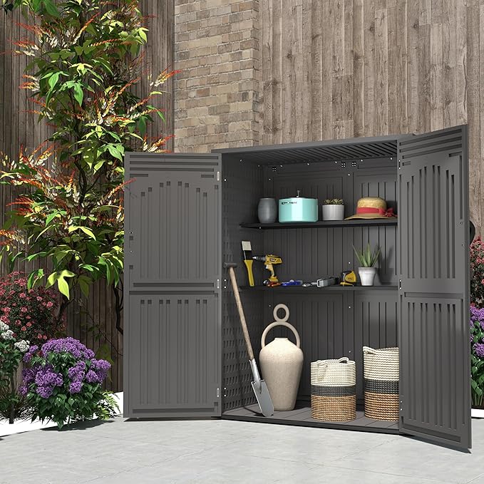 4.5 x 5.7 FT Outdoor Storage Shed, 59 Cuft Outside Waterproof Storage Cabinet, HDPE Resin Plastic 385 Gallon Outdoor Storage Container, Vertical Lockable Storage Shed, Grey
