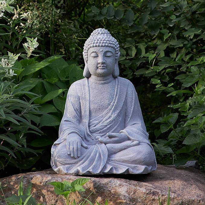 TOETOL Large Buddha Statue Outdoor Zen Decor Medium 20” High Yard Decor Magnesium Oxide Stone Grey for Yard Garden Patio Deck Home