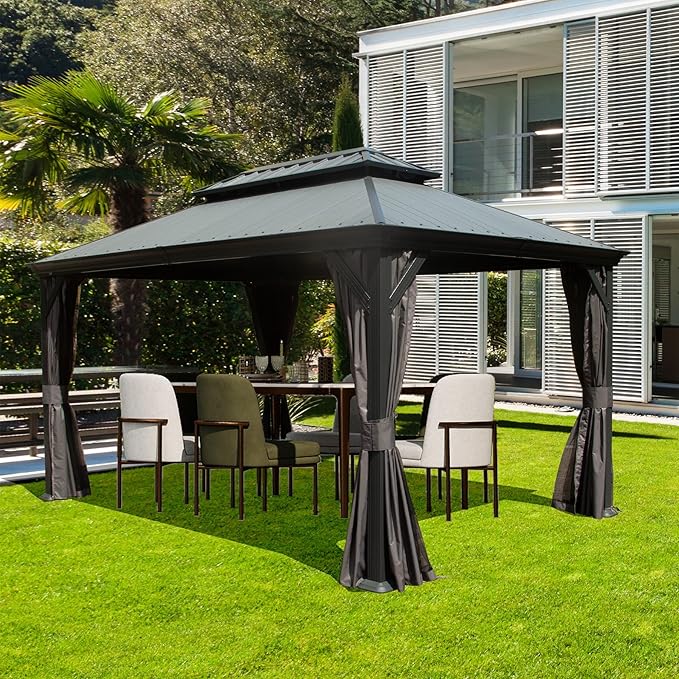 Outdoor Hardtop Gazebo for Patio 10x14FT with Resin-Galvanized Steel Roof, Metal Hard Top Gazebo with Gutters, Heavy Duty Gazebos All Season with Curtains & Netting, for Deck, Backyard, Hot Tub
