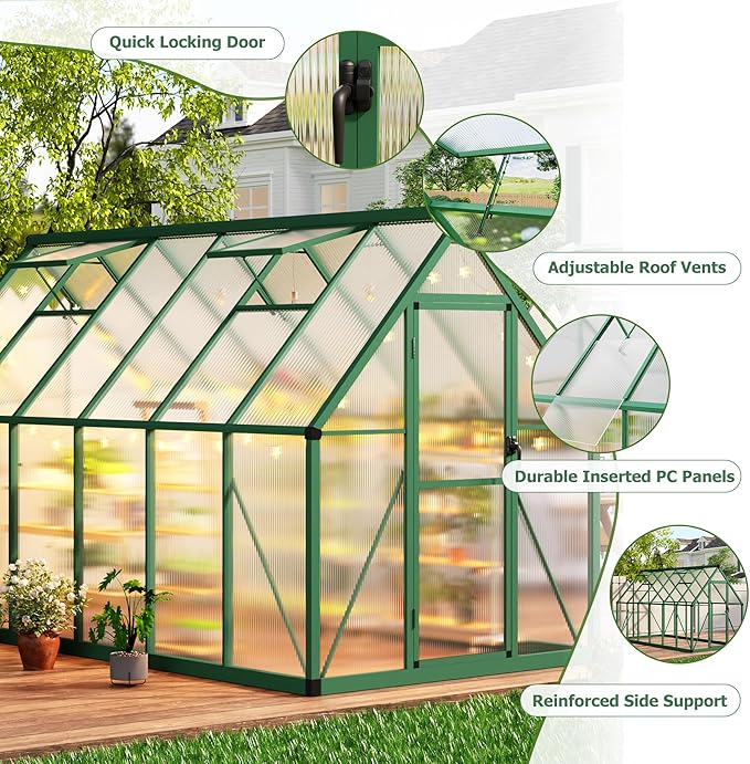 CABIHOME 6x11 FT Outdoor Greenhouse, Polycarbonate Greenhouse with Roof Vent and Ground Nails, Aluminum Large Walk-in Green House w/ Lockable Push Door for Outside Garden Backyard (Green, 6x11 FT)