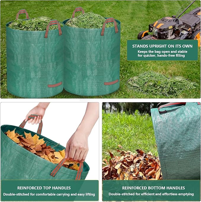 Reusable Yard Waste Bags, 72 Gallon Lawn and Leaf Bags 4 Pack with Reinforced Handles and Gardening Gloves, Heavy Duty Standable Garden Waste Bags for Leaves, Grass, Camping, Recycling