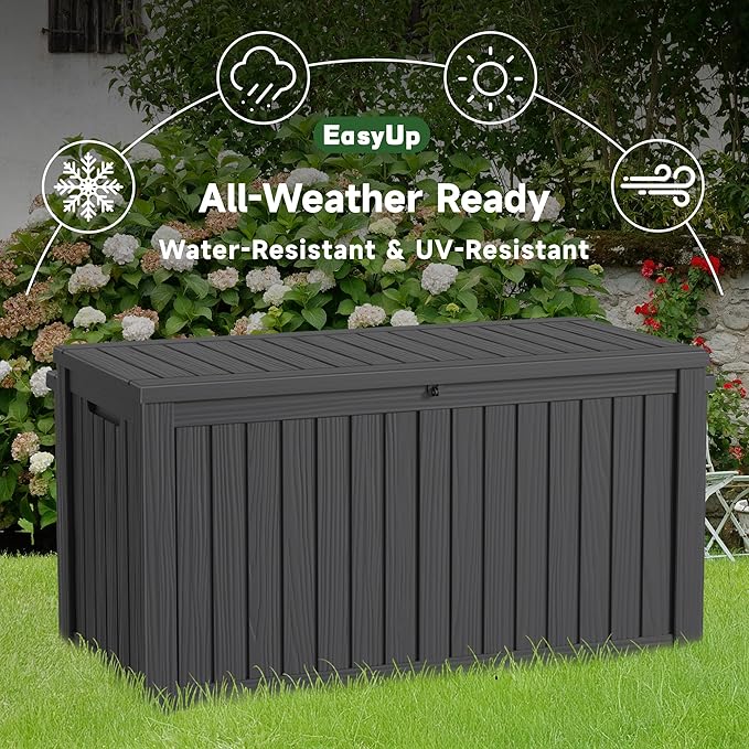 EasyUp 150 Gallon Outdoor Storage Box Waterproof, UV Resistant Resin Deck Box with Hydraulic Rod, Reinforced Stability for Patio, Garden, and Pool, Striped Black