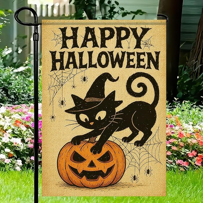 Happy Halloween Garden Flag 12x18 Inch Double-Sided Black Cat Flags Pumpkin Spider Web Design Fall Outdoor Decoration Polyester Yard Banner for Porch or Lawn