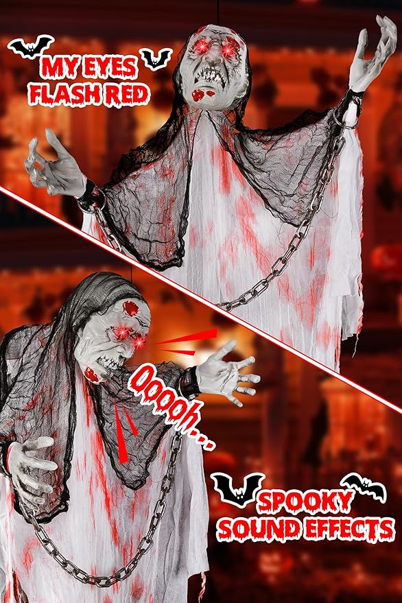 Joomer Animated Halloween Decorations, Life-Size Animatronic Hanging Ghost Scary, Faceless Grim Reaper Swing White Robe with Creepy Sound and Light for Indoor Outdoor Horror Decor