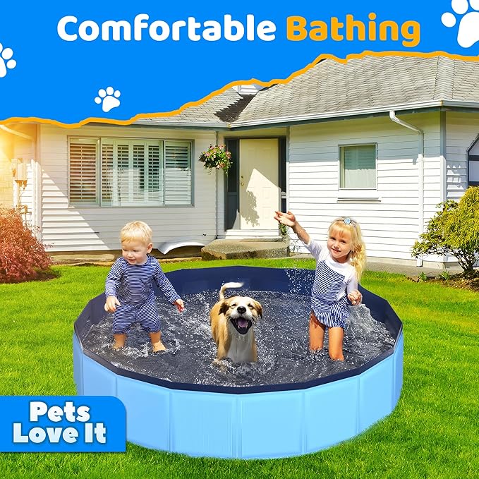 97" x 12" Foldable Dog Pool - Collapsible Hard Plastic Kiddie Pool for Dogs & Kids, Non-Slip Pet Bath Tub for Outdoor Backyard Use, Lightweight & Portable (Blue)
