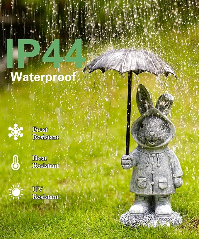 Solar Rabbit Garden Statue Outdoor Decor, Bunny Figurines Lights with Umbrella for Outside Yard Lawn Ornaments,Gifts for Mother's Day Birthday Easter Housewarming(Grey)