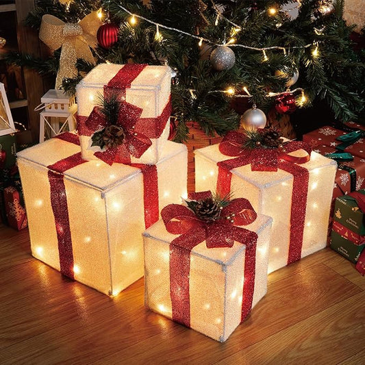 Set of 4 Christmas Lighted Gift Boxes, 70 LED Stackable Light Up Present Boxes for Christmas Decorations Indoor Outdoor Yard Lawn Porch Home Decor(Max. 10")