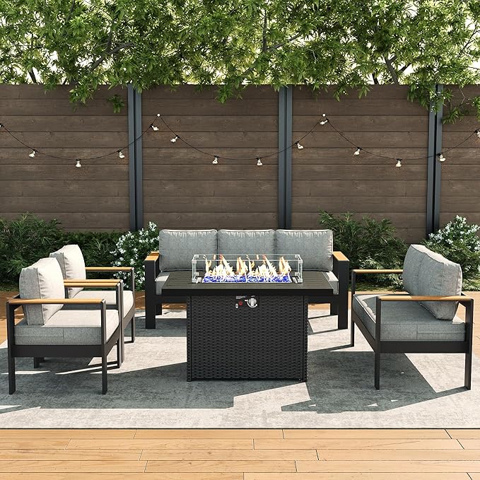 LayinSun 5 Piece Aluminum Outdoor Furniture Set with Fire Pit Table, Outside Patio Deep Seating Conversation Set with Upgraded Washable Thick Cushion