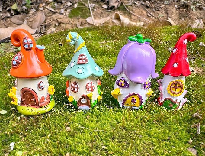 Mini Mushroom House Set - 4pcs Miniature Houses and 3pcs Mini Mushrooms for Fairy Gardens, Micro Landscapes, Moss Decorations (Mushroom House)