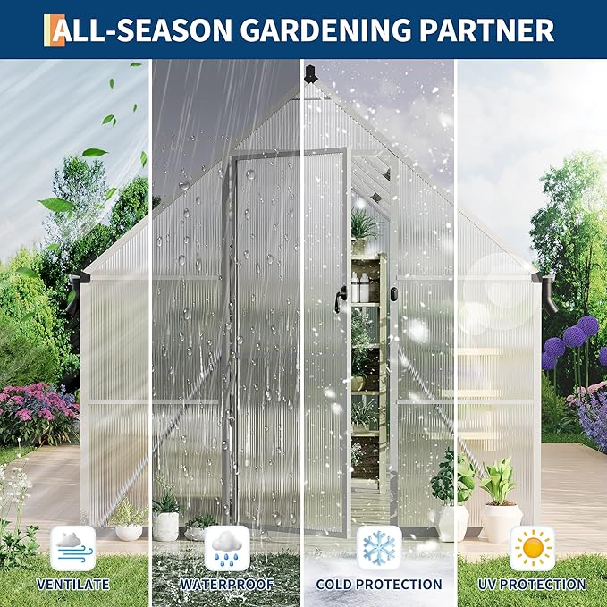 8X12 ft Polycarbonate Greenhouse with Aluminum Frame, Polycarbonate Greenhouse for Outdoors, Greenhouses with Ventilation and Rain Gutter, Aluminum Large Walk-in Greenhouses for Outside