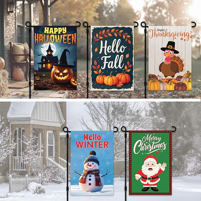 VAPARA DESIGNS Set of 10 Seasonal Garden Flags - 12"x18" Double Sided Garden Flags for Outside - Winter, Summer, Fall, Spring, Halloween, Christmas, Easter, Thanksgiving, Valentines Day, 4th of July