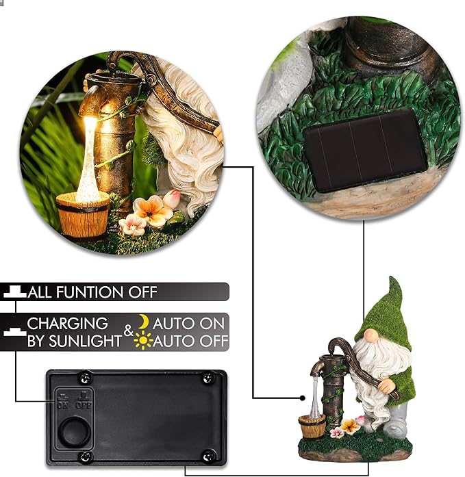 TERESA'S COLLECTIONS Garden Gnomes Decor with Solar Lights, Fathers Gifts, Green Outdoor Resin Decorations for Porch Patio, Gnome Ornaments for Dad and Mom，9"