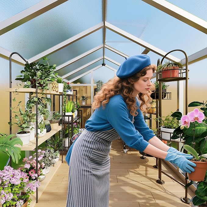 8x10 ft Greenhouse for Outdoors, Polycarbonate Greenhouse with Roof Vent, Ground Nails, Lockable Push Door, Aluminum Large Walk-in Green House for Outside Garden Backyard, Patio, Lawn, Silver