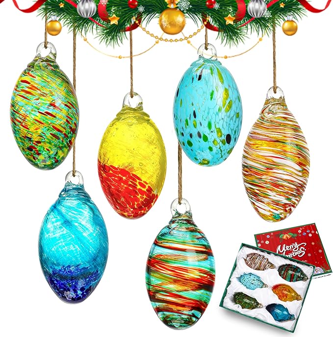 Set of 6 Hand Blown Glass Egg Ornaments Hanging Gazing Ball Witches Ball Friendship Decor for Home Outdoor Wedding Party Christmas Tree