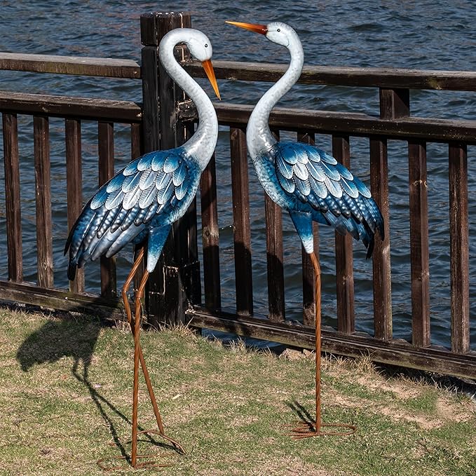 Kircust Outdoor Blue Heron Statues Metal Garden Crane Sculptures, Bird Yard Art Large 47-48 Inch, Set of 2, for Pond & Lawn Garden Decor, Gifts for Women, Men, Friends