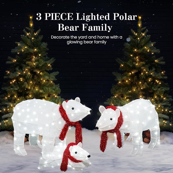AWQM 3-Piece Lighted Polar Bear Family,Large Outdoor Indoor Christmas Decorations for Front Yard,Holiday Light Up Decorations w/ 210 LED Lights, Stakes, Zip Ties - White