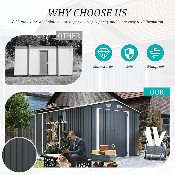 9x11 FT Outdoor Metal Storage Shed with Lockable Door, Steel Garden Utility Shed with Vents, Backyard Patio Tool Shed for Lawn Equipment, Bike, Firewood and Mower Storage, Gray