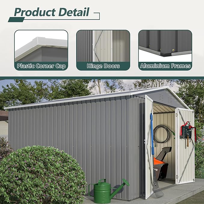 10x10 FT Outdoor Storage Shed, Large Metal Garden Shed with Lockable Hinged Doors, Outside Tool Shed with Sloped Roof & 4 Air Vents, Waterproof Storage Building for Backyard, Patio, Lawn, Gray