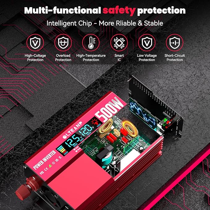 500W Power Inverter with LCD Screen Display, 2 AC Outlets, 36W Type-C Port, 5V/3A USB Port, 12V DC to 110V/120V AC Inverter for Truck, Home, Vehicles, Laptop, Trip