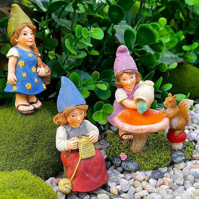 Mood Lab Miniature Garden Gnomes - Lady Gnomes Kit of 3 pcs - Figurines & Accessories Set - Outdoor or House Decor