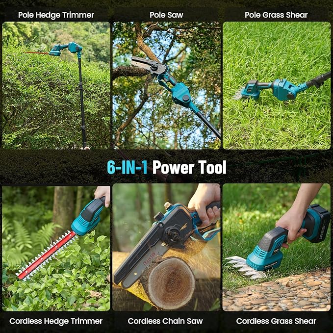 SEESII 6-in-1 Cordless Pole Saw & Hedge Trimmer Combo Kit, Electric Mini Chainsaw with 2×4.0 Ah Batteries, Extension Tree Pruner, Bush Trimmer Limb Branch Cutter, Grass Shears