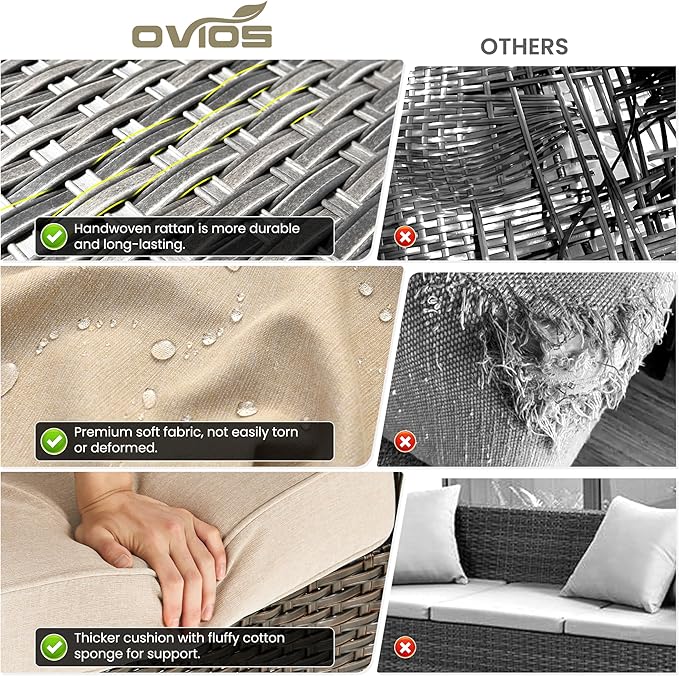 ovios 8 Pieces Patio Furniture Set, Outdoor Wicker Sofa Couch with Swivel Chairs 42" Fire Pit Table, High Back All Weather Modern Conversation Sets, Brown Rattan, Beige