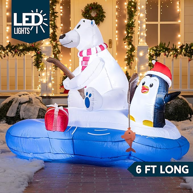 Joiedomi 6 FT Long Christmas Inflatable Polar Bear Fishing with Penguin Decoration, Blow Up Yard Decoration Inflatables with Built-in LEDs for Christmas Party Indoor Outdoor, Yard, Garden, Lawn Décor
