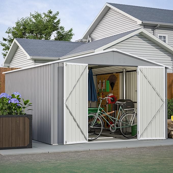 10x12 FT Outdoor Storage Shed with Floor Frame, Heavy Duty Metal Garden Tool Shed with Double Lockable Doors, Waterproof Backyard Utility Shed for Bikes, Lawn Mowers, Tools, Equipment