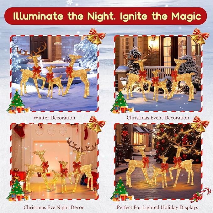 3D Reindeer Family Christmas Decor Set 4.5Ft Lighted Christmas Reindeer/Deer Family Set Outdoor Christmas Yard Decorations with Stakes & Zip Ties for Holiday Lawn Patio Party